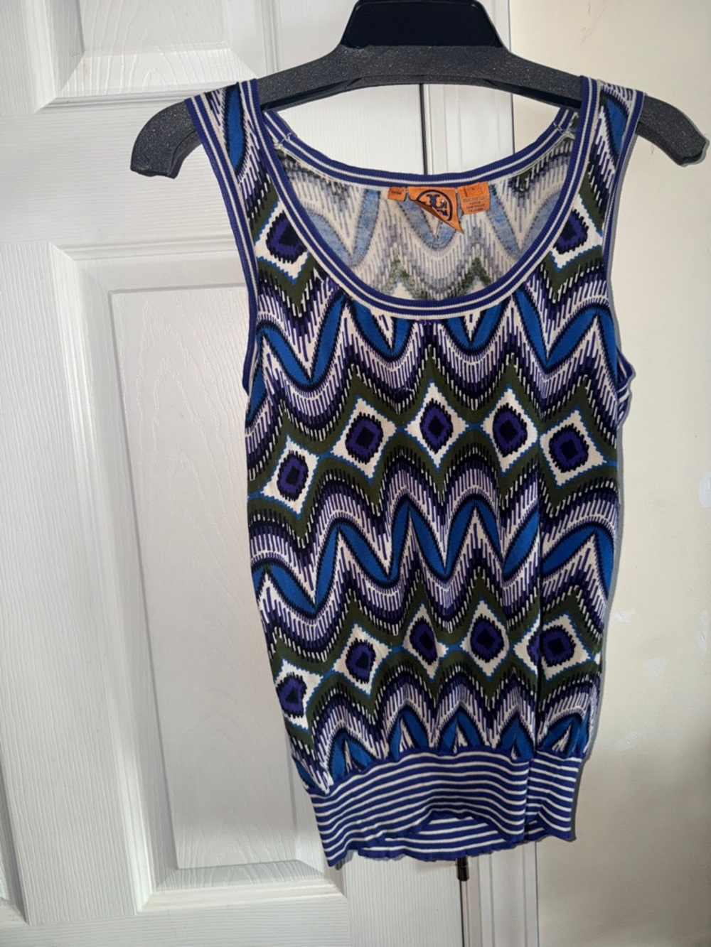 Tory Burch Blue and Green Zigzag Knit Tank